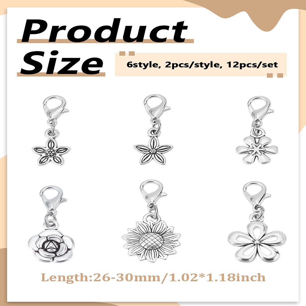12Pcs 6Style Alloy Pendant Dec - Lobster Clasp Silver 评论和价格
